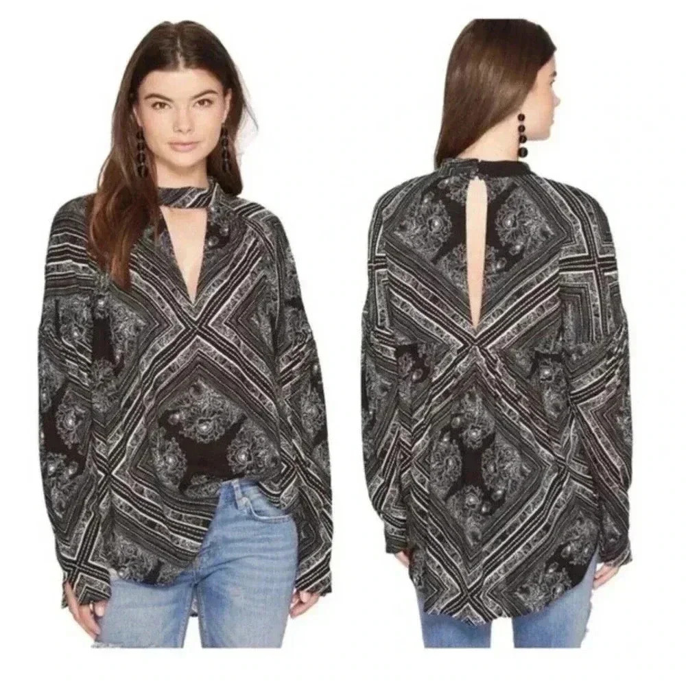 Free People Black Paisley Floral Walking On A Dream Choker Blouse Womens Size XS